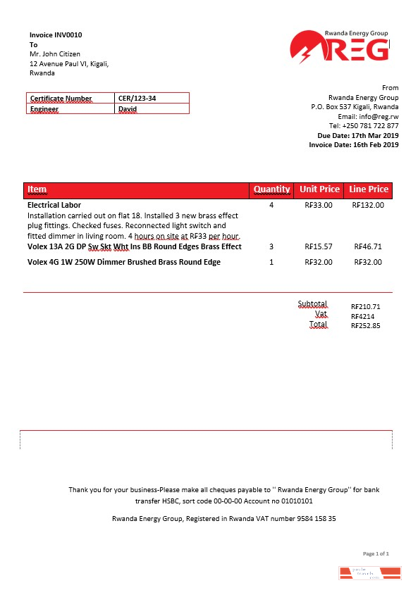 Rwanda Energy Group electricity bill in Word format